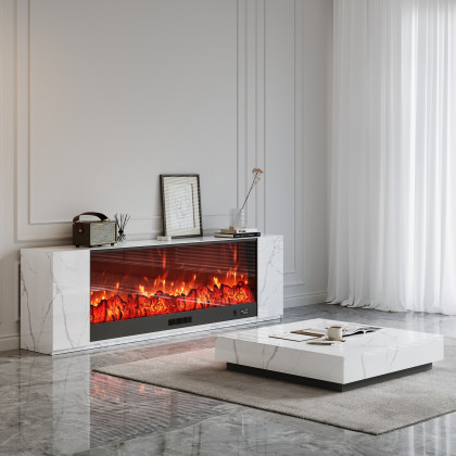 HMR Electric Fireplace TV Stand with Remote Control - White, Sintered Stone, 70.9"W×12.6"D×23.6"H