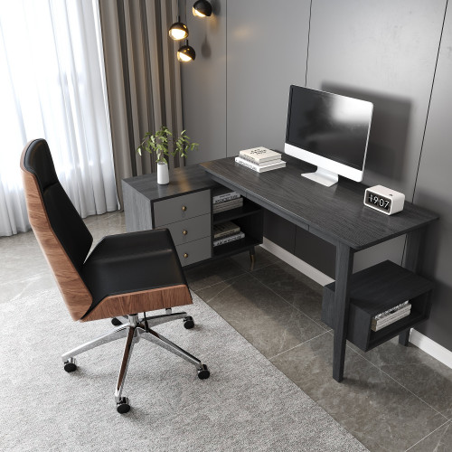 HMR Ultic L Shaped Home Office Desk & Faux Leather Office Chair Set with Wheels - Gray
