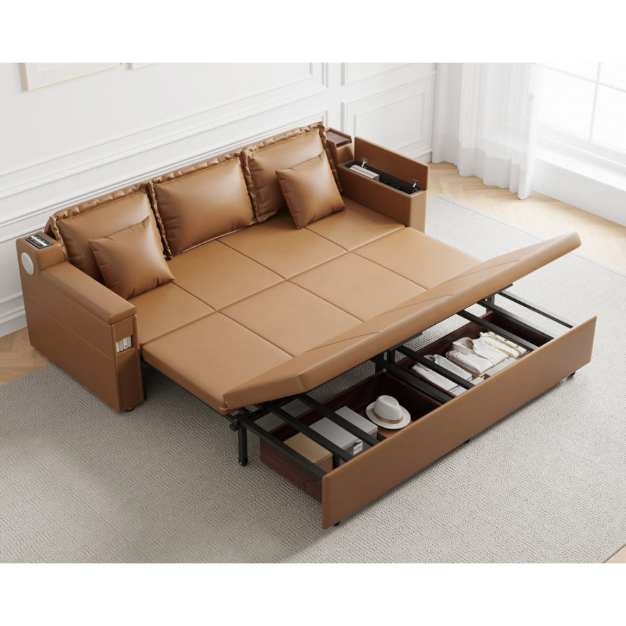 HMR 83" King 3-Seater Leather Sleeper Sofa with Speaker & USB Ports - Brown