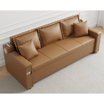 HMR 83" King 3-Seater Leather Sleeper Sofa with Speaker & USB Ports - Brown