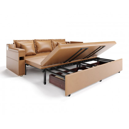 HMR 83" King 3-Seater Leather Sleeper Sofa with Speaker & USB Ports - Brown