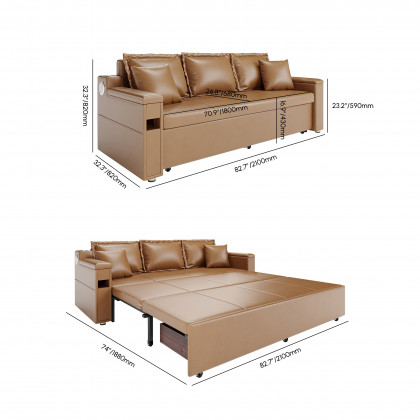 HMR 83" King 3-Seater Leather Sleeper Sofa with Speaker & USB Ports - Brown