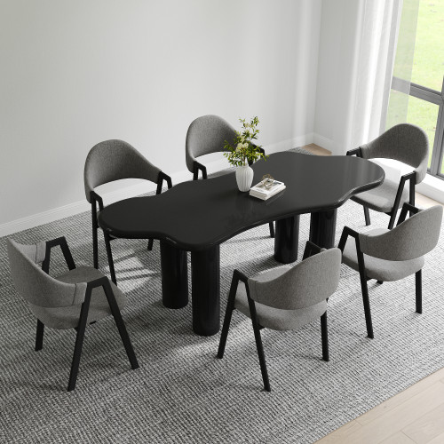 HMR Dining Set 70.9" Japandi Irregular Wood Dining Table Black with 6 Chairs - Black, Style C, With 6 Chairs