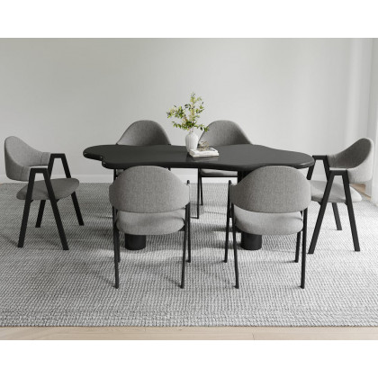 HMR Dining Set 70.9" Japandi Irregular Wood Dining Table Black with 6 Chairs - Black, Style C, With 6 Chairs