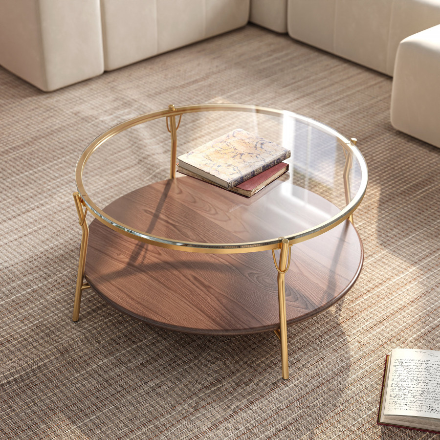 HMR 30" Glass Top Walnut 2-Tiered Coffee Table - Clear Glass
