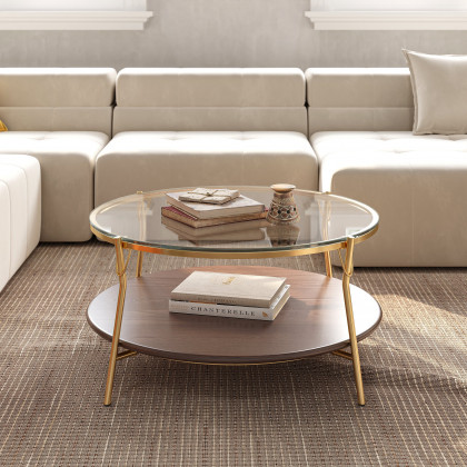 HMR 30" Glass Top Walnut 2-Tiered Coffee Table - Clear Glass