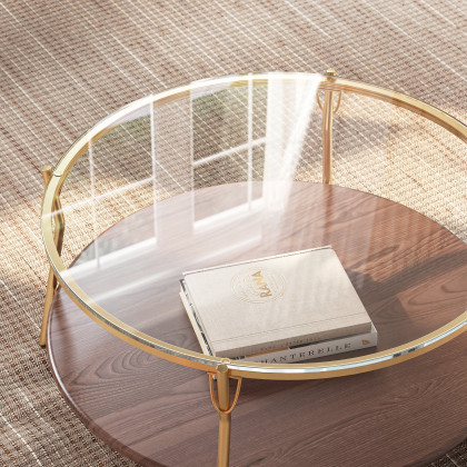 HMR 30" Glass Top Walnut 2-Tiered Coffee Table - Clear Glass