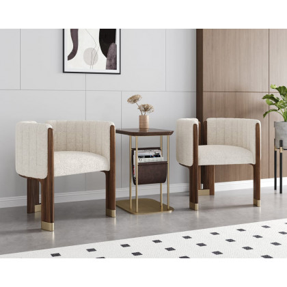 HMR Leather Fluted Upholstered Accent Chair with Wood Frame (Set of 4) - White