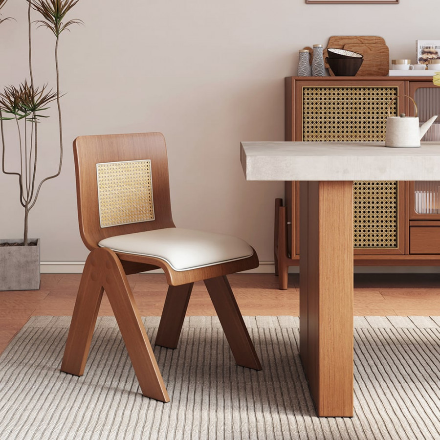 HMR - Set of 2 Japandi Modern Dining Chairs Walnut with PU Leather Upholstery White