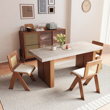 HMR - Set of 2 Japandi Modern Dining Chairs Walnut with PU Leather Upholstery White