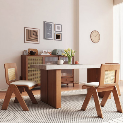 HMR - Set of 2 Japandi Modern Dining Chairs Walnut with PU Leather Upholstery White