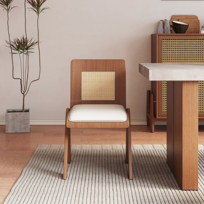 HMR - Set of 2 Japandi Modern Dining Chairs Walnut with PU Leather Upholstery White