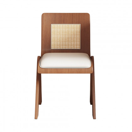 HMR - Set of 2 Japandi Modern Dining Chairs Walnut with PU Leather Upholstery White