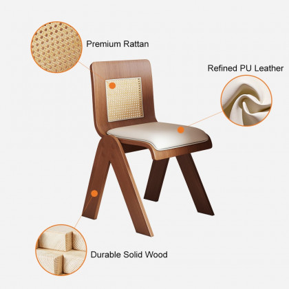 HMR - Set of 2 Japandi Modern Dining Chairs Walnut with PU Leather Upholstery White