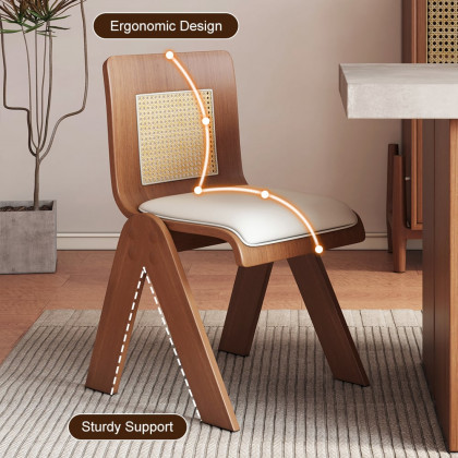 HMR - Set of 2 Japandi Modern Dining Chairs Walnut with PU Leather Upholstery White