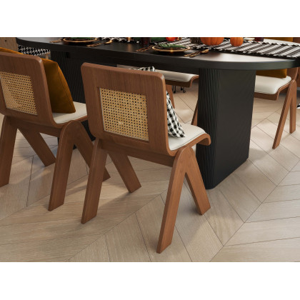 HMR - Set of 2 Japandi Modern Dining Chairs Walnut with PU Leather Upholstery White