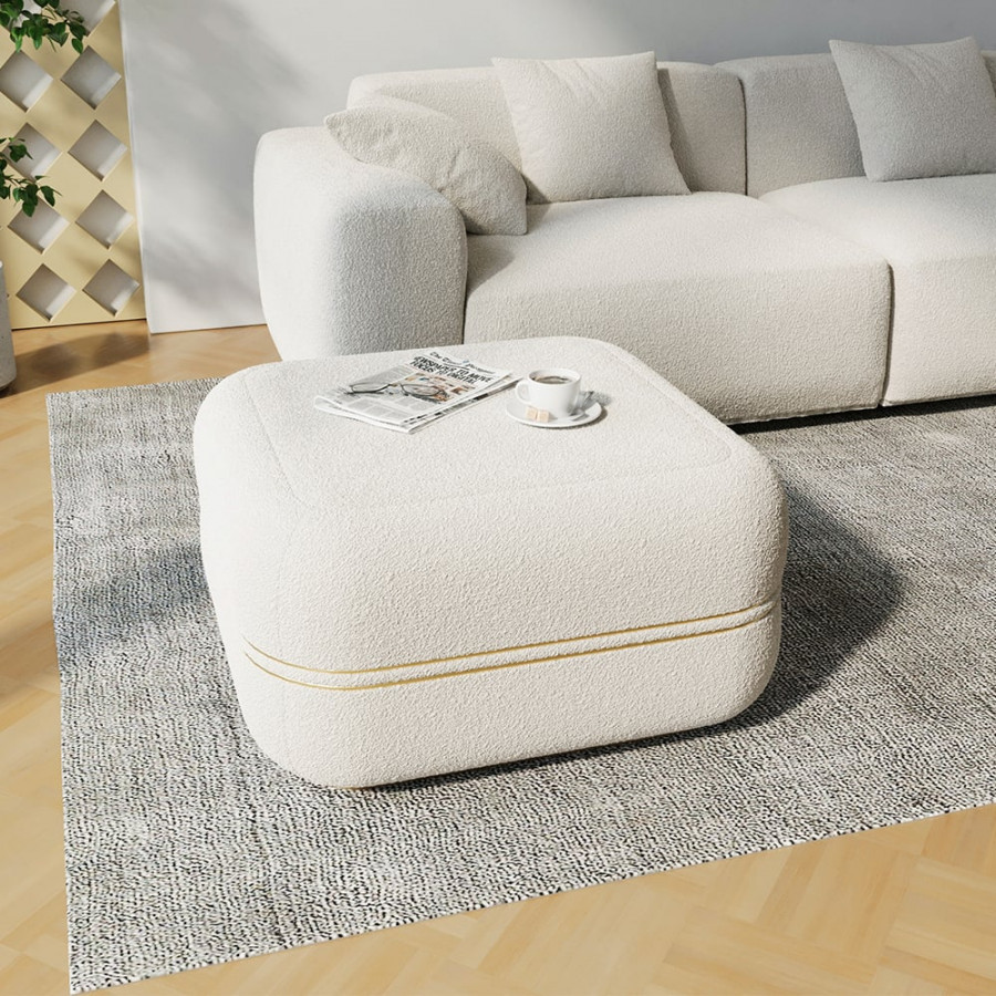 HMR - 30.3" White Boucle Coffee Table Ottoman with Gold Rim Square Ottoman Pouf Foot Stool