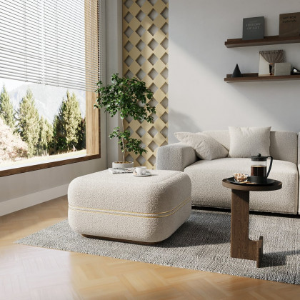 HMR - 30.3" White Boucle Coffee Table Ottoman with Gold Rim Square Ottoman Pouf Foot Stool