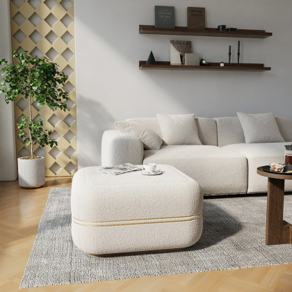 HMR - 30.3" White Boucle Coffee Table Ottoman with Gold Rim Square Ottoman Pouf Foot Stool