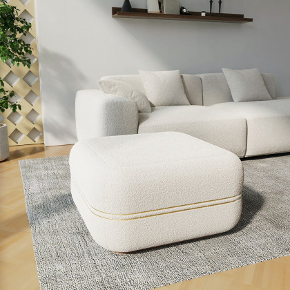 HMR - 30.3" White Boucle Coffee Table Ottoman with Gold Rim Square Ottoman Pouf Foot Stool