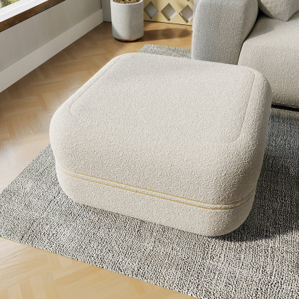 HMR - 30.3" White Boucle Coffee Table Ottoman with Gold Rim Square Ottoman Pouf Foot Stool