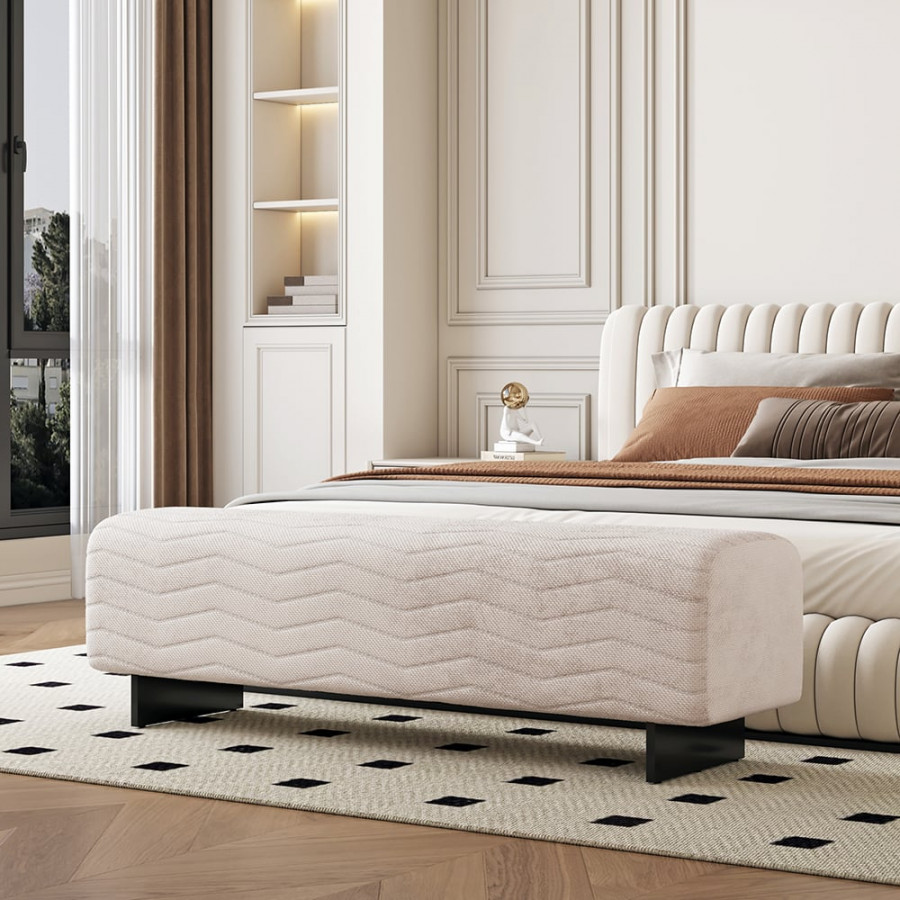 HMR - 57.5"W Modern Beige Knitted Velvet Upholstered Bedroom Bench with Stainless Steel Legs