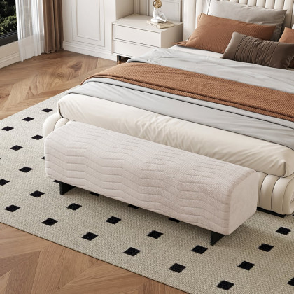 HMR - 57.5"W Modern Beige Knitted Velvet Upholstered Bedroom Bench with Stainless Steel Legs