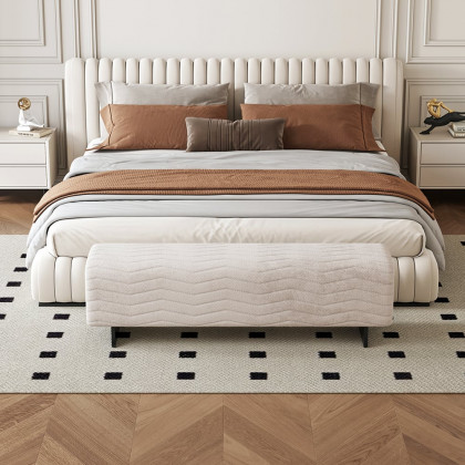 HMR - 57.5"W Modern Beige Knitted Velvet Upholstered Bedroom Bench with Stainless Steel Legs