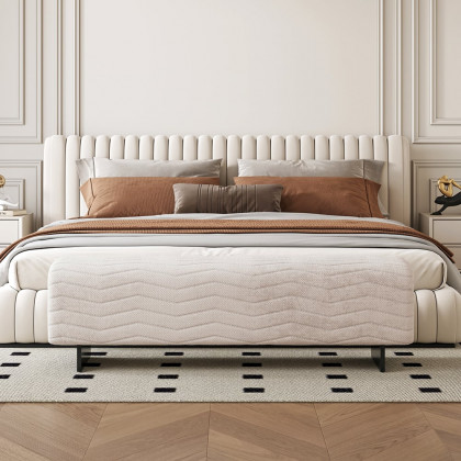 HMR - 57.5"W Modern Beige Knitted Velvet Upholstered Bedroom Bench with Stainless Steel Legs