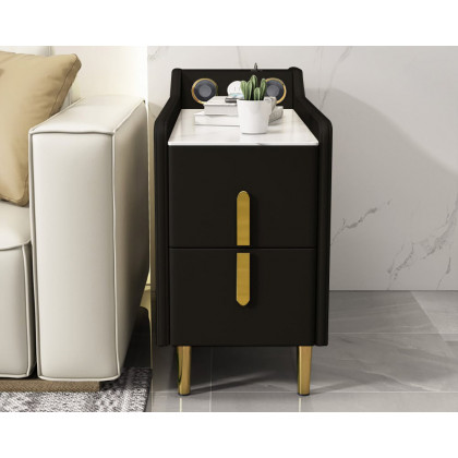 HMR Modern Multifunctional Narrow Side Table Sintered Stone Top End Table Speaker & USB Port - Black