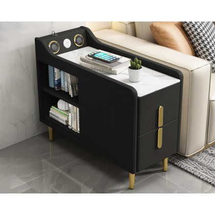 HMR Modern Multifunctional Narrow Side Table Sintered Stone Top End Table Speaker & USB Port - Black