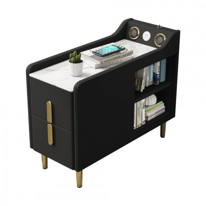 HMR Modern Multifunctional Narrow Side Table Sintered Stone Top End Table Speaker & USB Port - Black