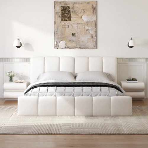 HMR Humply White Leather Wingback King Bed Frame - White, Bed & Nightstand Set