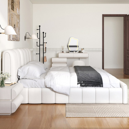 HMR Humply White Leather Wingback King Bed Frame - White, Bed & Nightstand Set