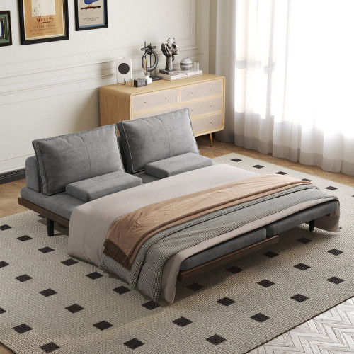 HMR 79" Queen 3-Seater Linen Convertible Futon Bed with Pillows - Gray