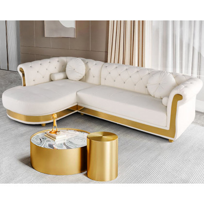 HMR Dodiy Modern L-Shaped Corner Leather Sectional Sofa 5-Seater with Chaise Pillows - White, Left-Hand Facing