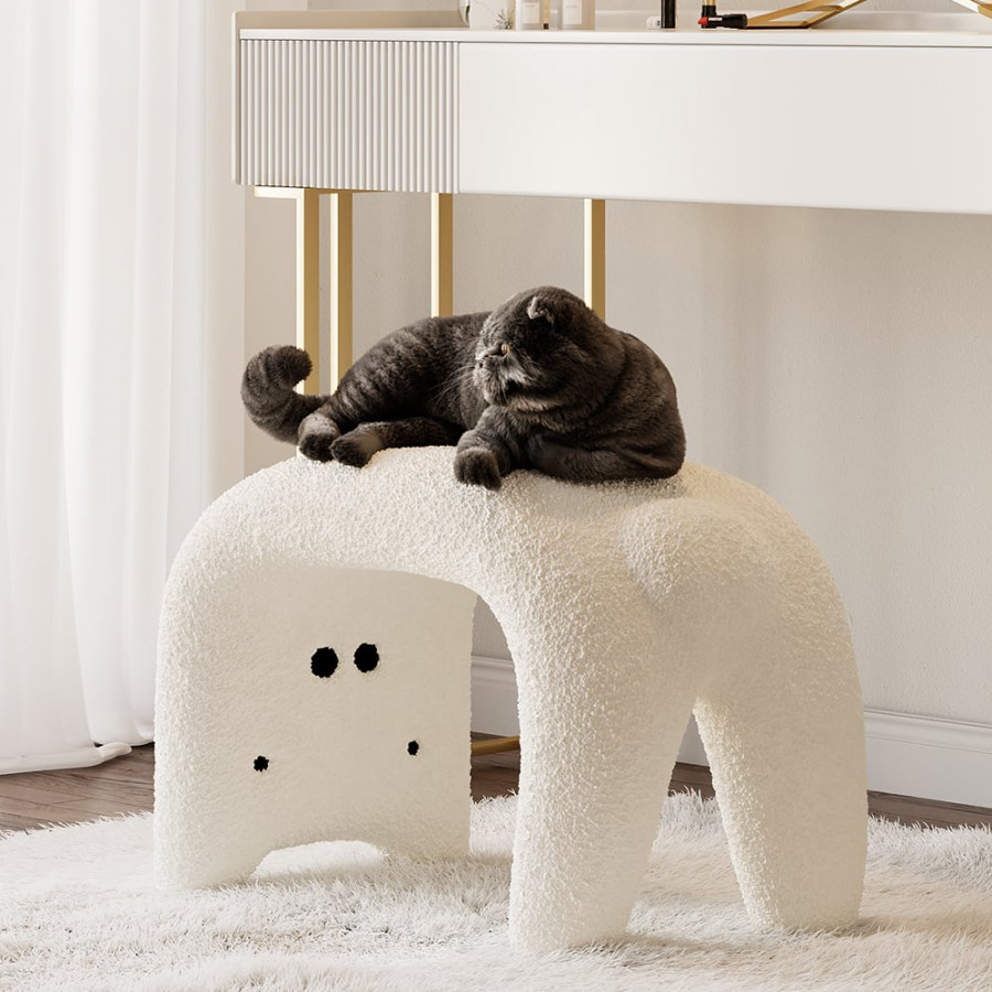 HMR - Modern White Cute Makeup Accent Chair Teddy Velvet Vanity Stool Kids Stool Upholstery