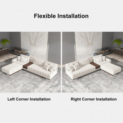 HMR L-Shaped Modular Sectional Sofa & Square Sintered Stone Block Coffee Table - White, Cotton & Linen, Style D