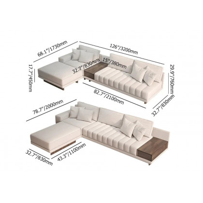 HMR L-Shaped Modular Sectional Sofa & Square Sintered Stone Block Coffee Table - White, Cotton & Linen, Style D