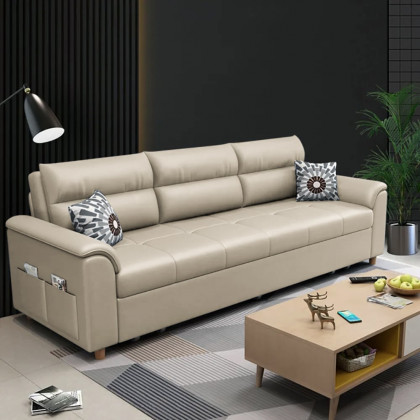 HMR Queen 2-Seater Sleeper Sofa - Beige, Leath-aire