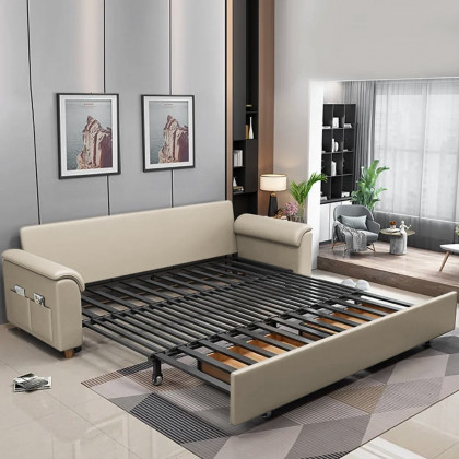 HMR Queen 2-Seater Sleeper Sofa - Beige, Leath-aire