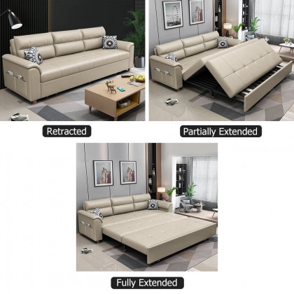HMR Queen 2-Seater Sleeper Sofa - Beige, Leath-aire