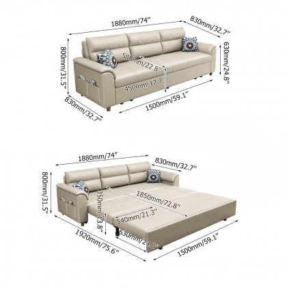 HMR Queen 2-Seater Sleeper Sofa - Beige, Leath-aire