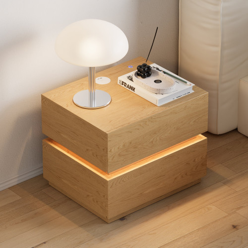 HMR Nightstand with Light & Charging Station - Natural, 2 Drawers, Set Of 2