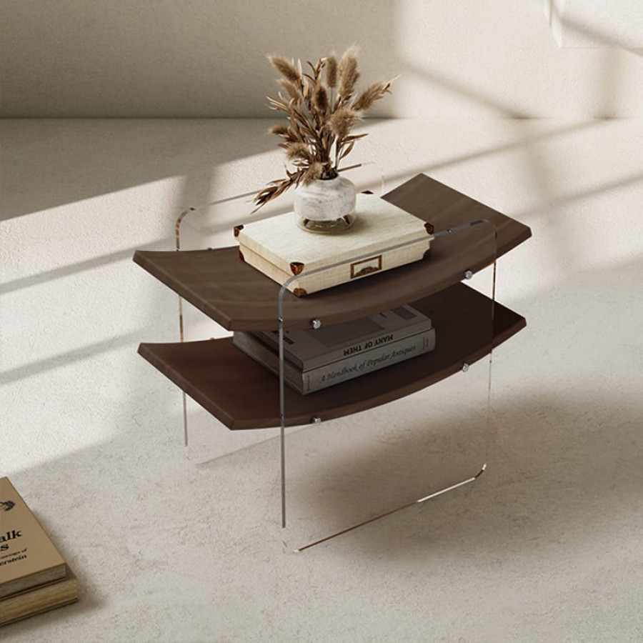 HMR - Modern Clear Acrylic Side Table with Two Curved Shelves in Walnut End Table
