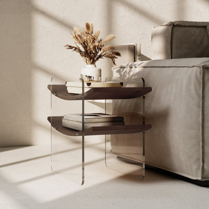 HMR - Modern Clear Acrylic Side Table with Two Curved Shelves in Walnut End Table