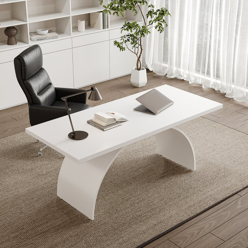 HMR Modern Industrial Rectangular Wood Metal Base Office Desk - White, 70.9"