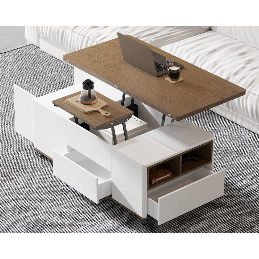 HMR Modern 47" Lift Top Foldable Coffee Table Multi Functional Table with 3 Drawers & Cabinet - White/Walnut