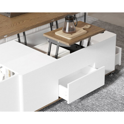 HMR Modern 47" Lift Top Foldable Coffee Table Multi Functional Table with 3 Drawers & Cabinet - White/Walnut