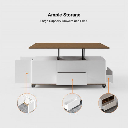 HMR Modern 47" Lift Top Foldable Coffee Table Multi Functional Table with 3 Drawers & Cabinet - White/Walnut
